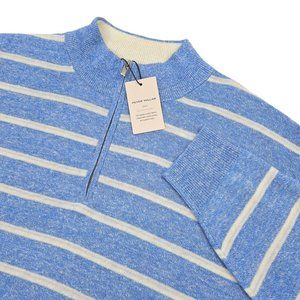 NWT Peter Millar Men's XL Long Bay 1/4 Zip Wool Linen Blue & White Golf Sweater